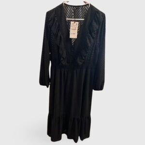 Zara black tiered midi dress. size XL. Long sleeves with elastic hem. V neck.